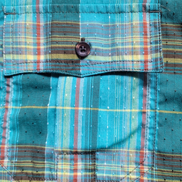 LG prAna Ostend Plaid Short Sleeve Shirt Organic Cotton Blend Green Yellow - Picture 3 of 10